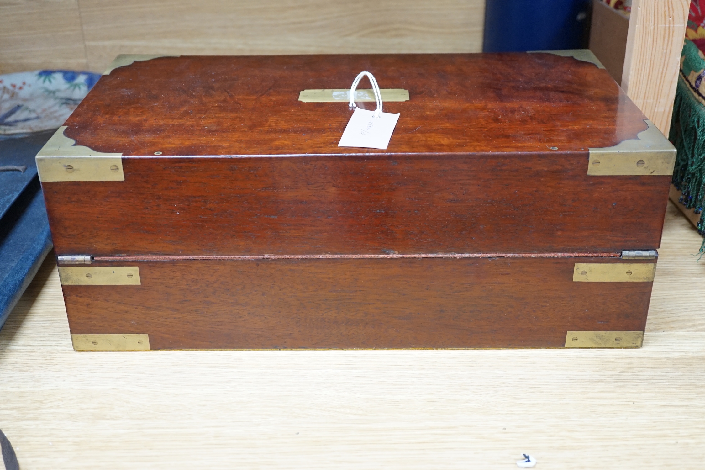 A Victorian brass bound mahogany writing slope, 45cm wide